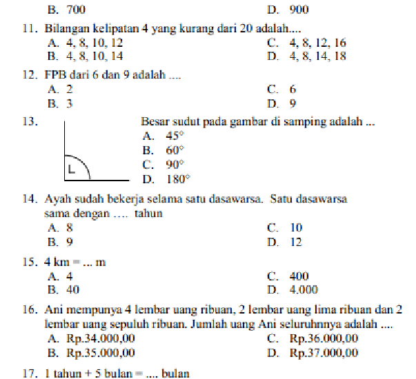 bank soal uas matematika kelas 4 semester 1