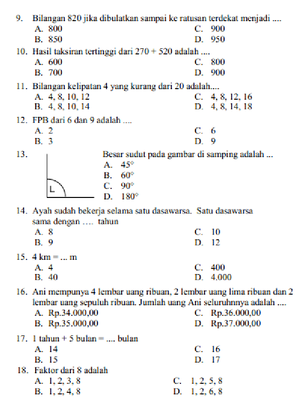 bank soal uas matematika kelas 4 semester 1