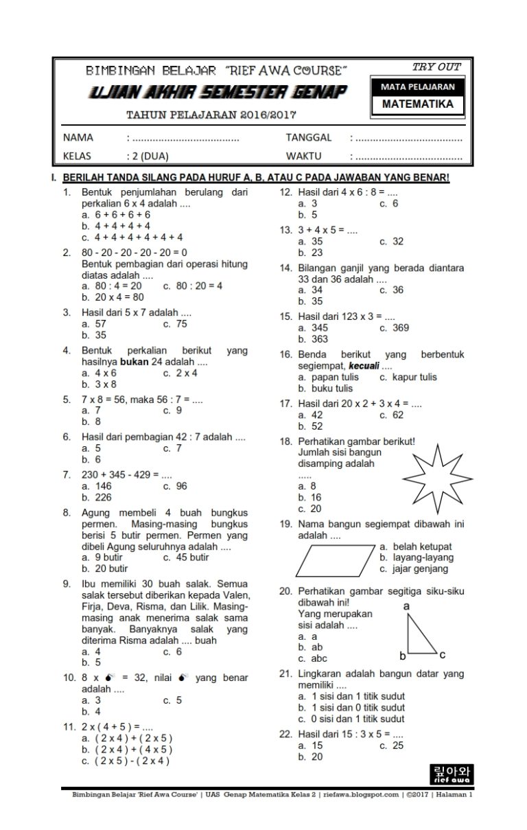 bank soal uas matematika kelas 4 semester 2