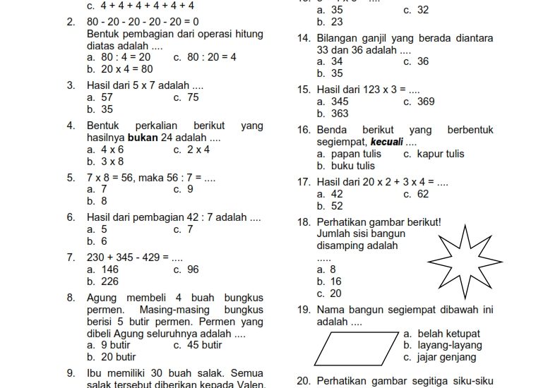 bank soal uas matematika kelas 4 semester 2