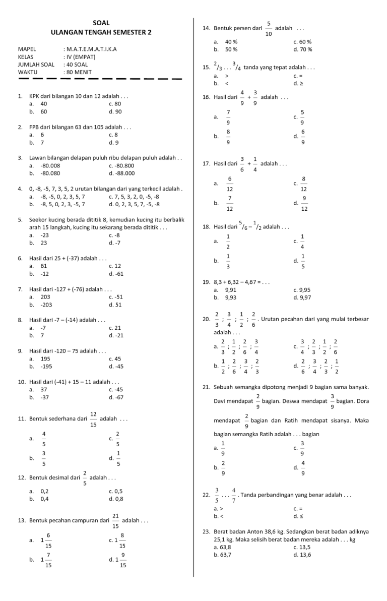 bank soal uas matematika sd kelas 4 semester 1